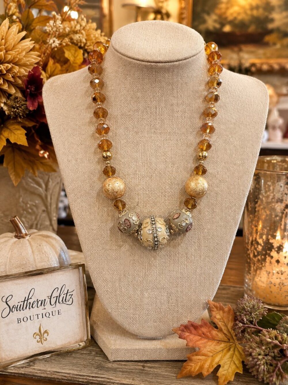 Amber Crystal Statement Necklace, Gold Ornate Beaded Necklace, Brown Champagne